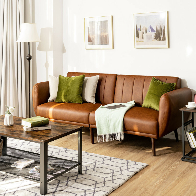 Caiya Single 81'' Faux Leather Convertible Sofa, Brown Faux Leather