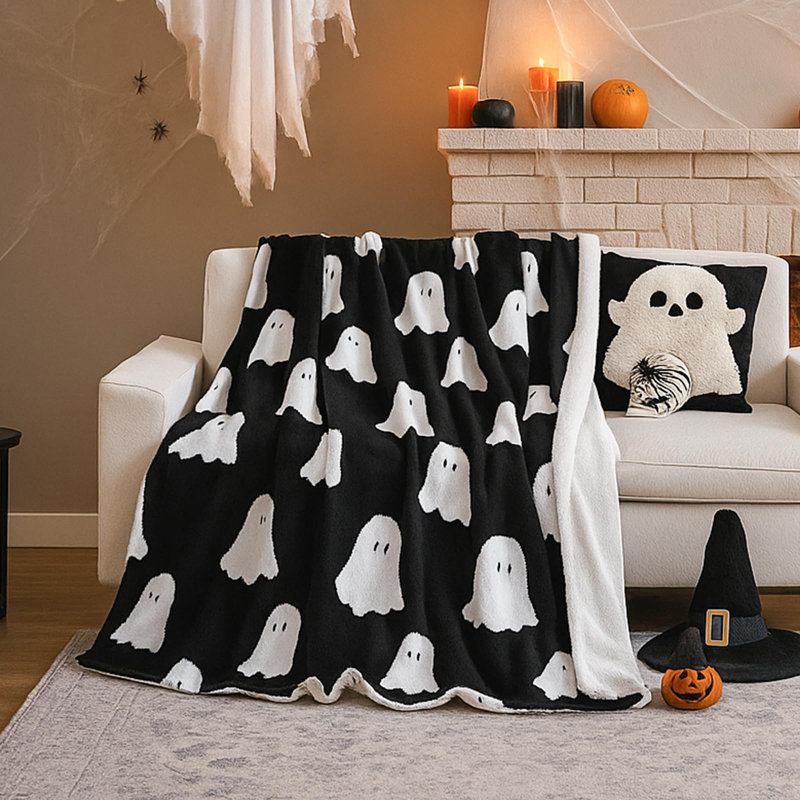 Plaid d'Halloween, jeté en molleton noir et blanc avec fantôme, doux et moelleux, pour lit et canapé, Noir géométrique