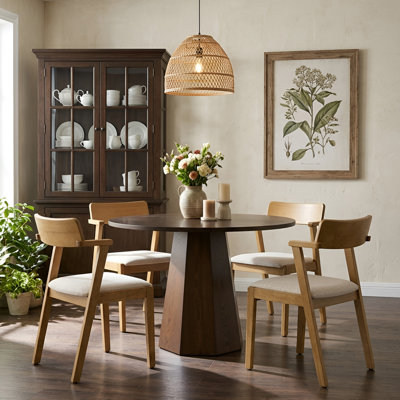 5-Piece Dining Set Mid-Century Modern Round Wooden Table & Upholstered Chair Set For Home, Kitchen, Dining Room