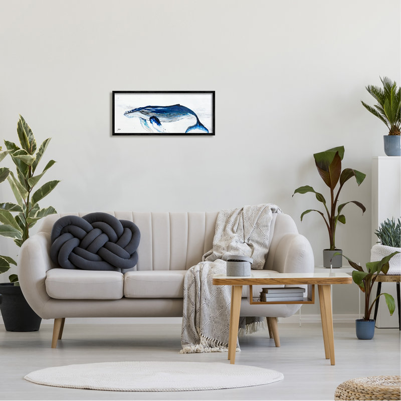 " Vivid Blue Whale Swimming Marine Animal Sea Life " by Stacy Gresell, Midnight Black Framed Giclee, 10" H x 24" W x 1.5" D