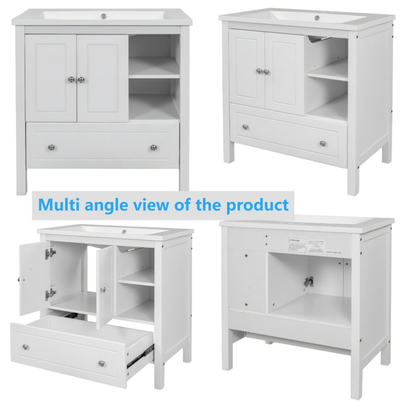 Meuble-lavabo 30 po avec lavabo, armoire de rangement avec portes et tiroirs, Blanc