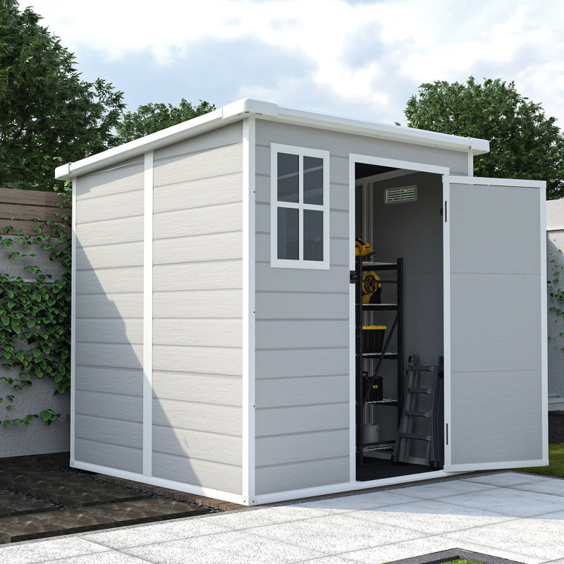 Remise extérieure en résine, 6 x 6 pi, imperméable avec portes verrouillables, évents pour plancher de pelouse, jardin, cour arrière, rangement pour vélos