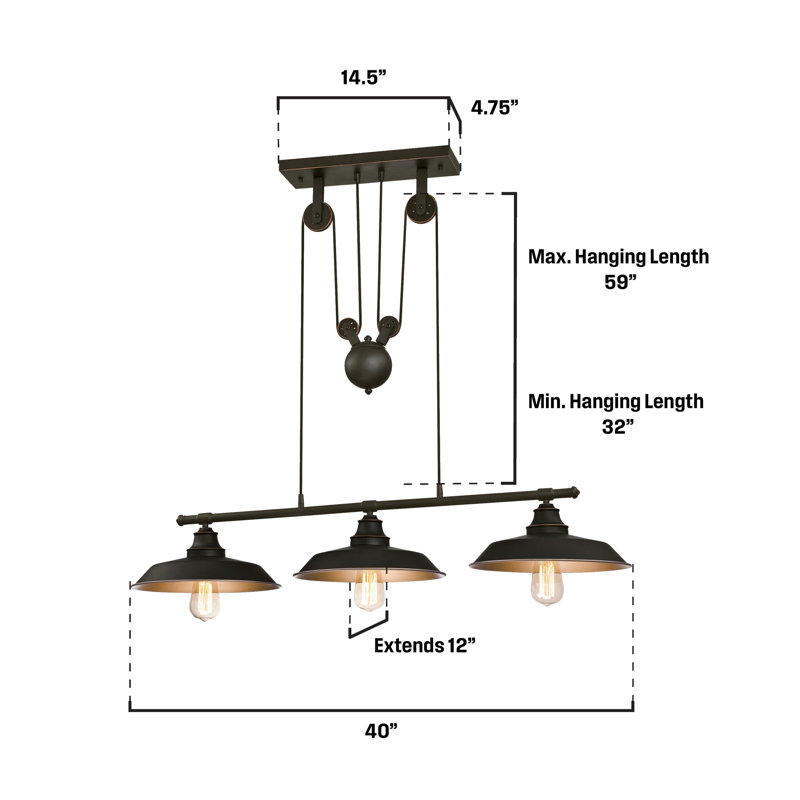 Luminaire suspendu en forme de dôme à 3 lumières pour îlot de cuisine, H 32 po x l 40 po x p 12 po, DEL, Bronze huilé