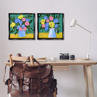  «Bright Flowers on Stripes», ensemble de 2 toiles flottantes encadrées par Regina Moore