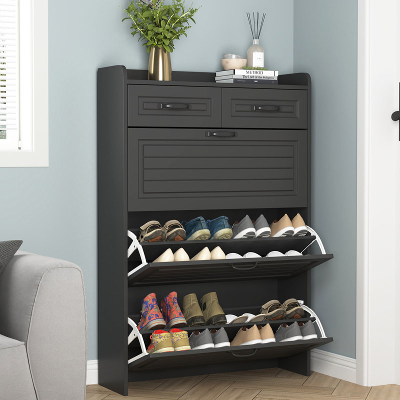 Black Shoe Storage Cabinet - 3 Flip Drawers & 2 Top Drawers, Large Organizer For Entryway/closet/hallway