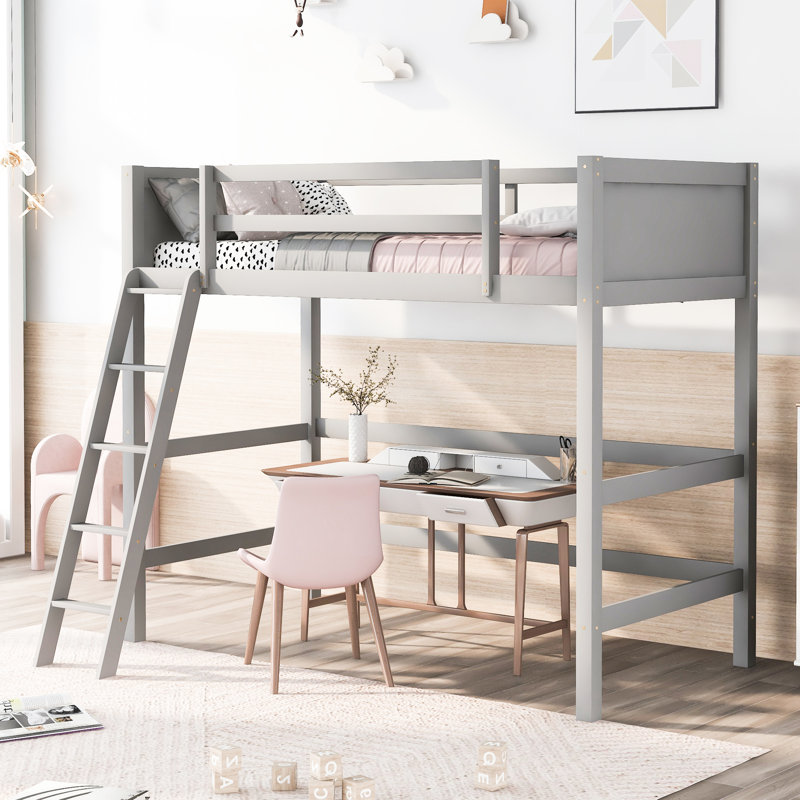 Lit mezzanine en bois massif avec lit simple, gris - Design élégant et moderne, Gris