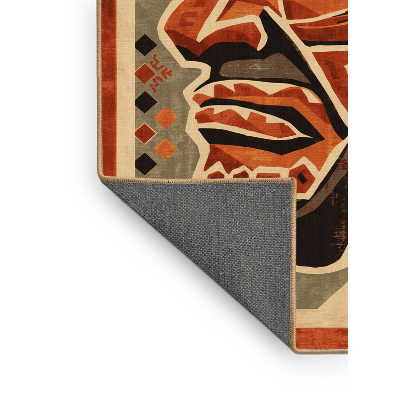 Soft Plush Durgin Olmec Stone Mask Warrior Classic Block Print Area Rug in Brown – LightBrown Binding, 7x9