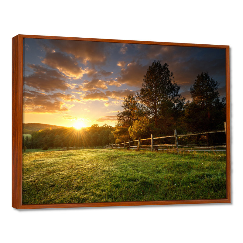 «Fence Ranch at Sunrise», reproduction de photo, H 12 po x l 20 po, Reproduction avec cadre flottant, Brun