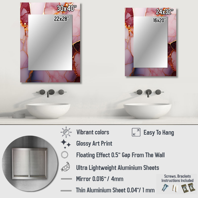 Or et marbre rose Essence II - miroir décoratif en marbre, miroir mural moderne, impression d'art en métal, 32 po x 24 po
