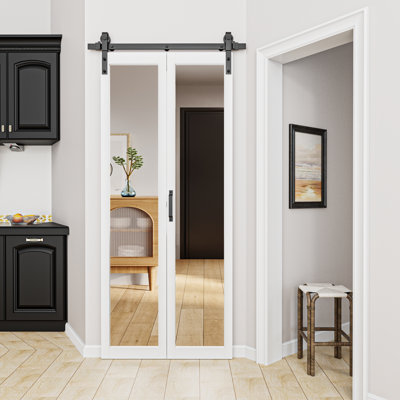 84-In Full Lite Mirror White Equal Frosted Glass Single Bifold Barn Door (Hardware Included)