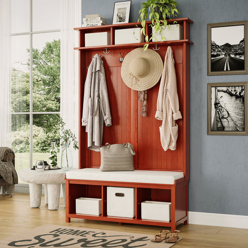 Mahogany Solid Wood Hall Tree with Cushioned Bench and Storage Bins