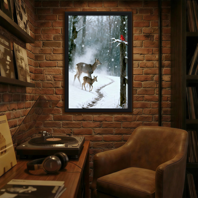 Animaux, hiver, cerf et cardinal, scène, H 30 po x l 20 po