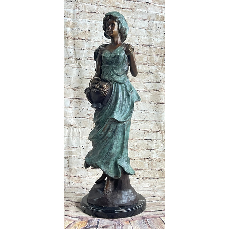 Bronze Statue of Woman Holding Basket on Marble Base