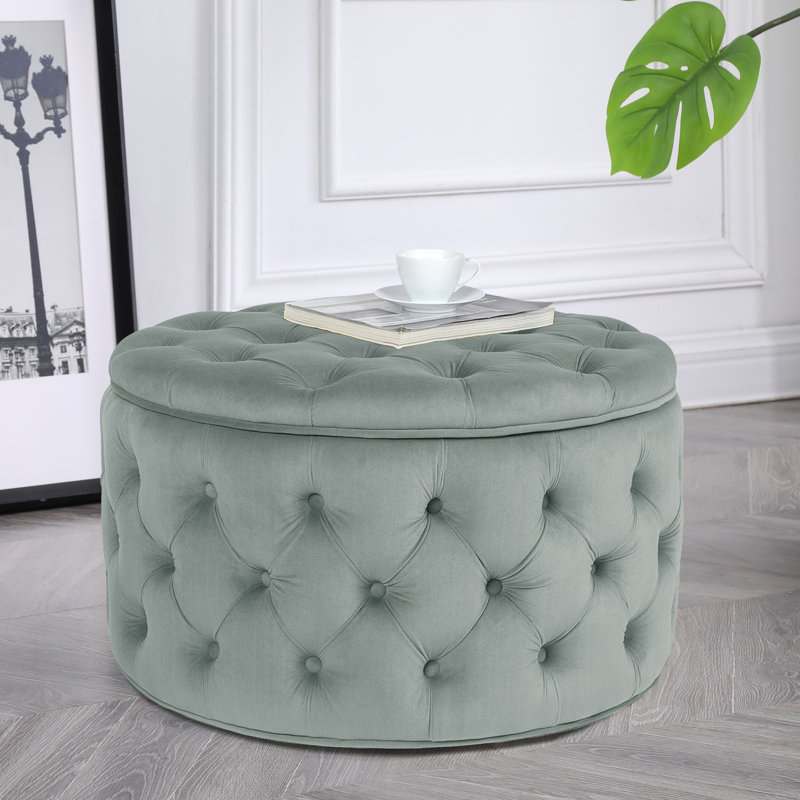 Gray Velvet Tufted Round Storage Ottoman