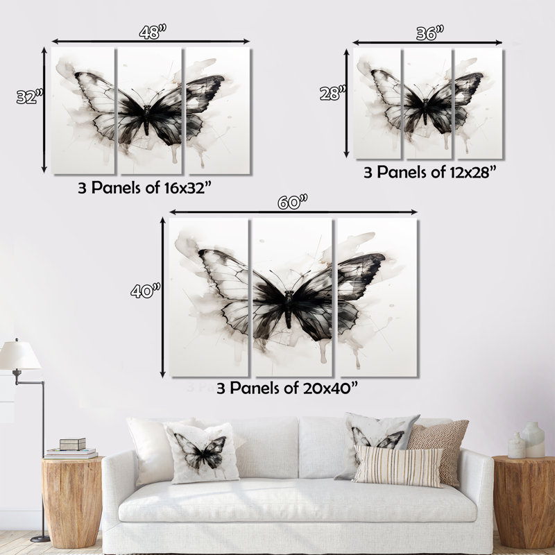 Art animalier sur toile, décor papillon noir et blanc - Portrait de papillon, aquarelle noir et blanc I