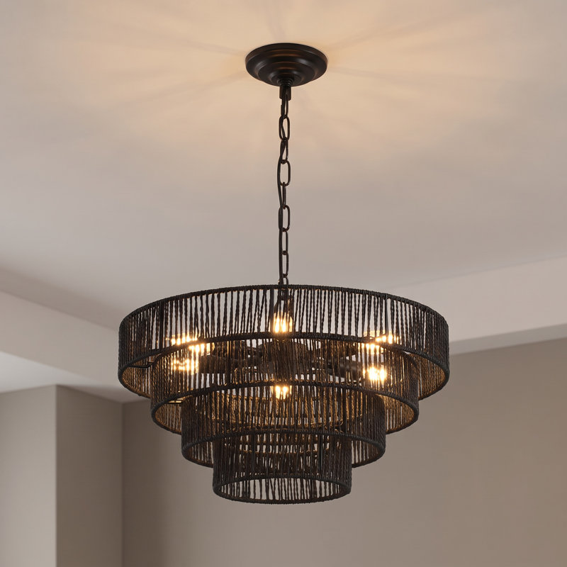 Luminaire suspendu bohémien 20 po à 6 lumières en rotin noir tissé à la main 20 po, 20 po 6 lumières