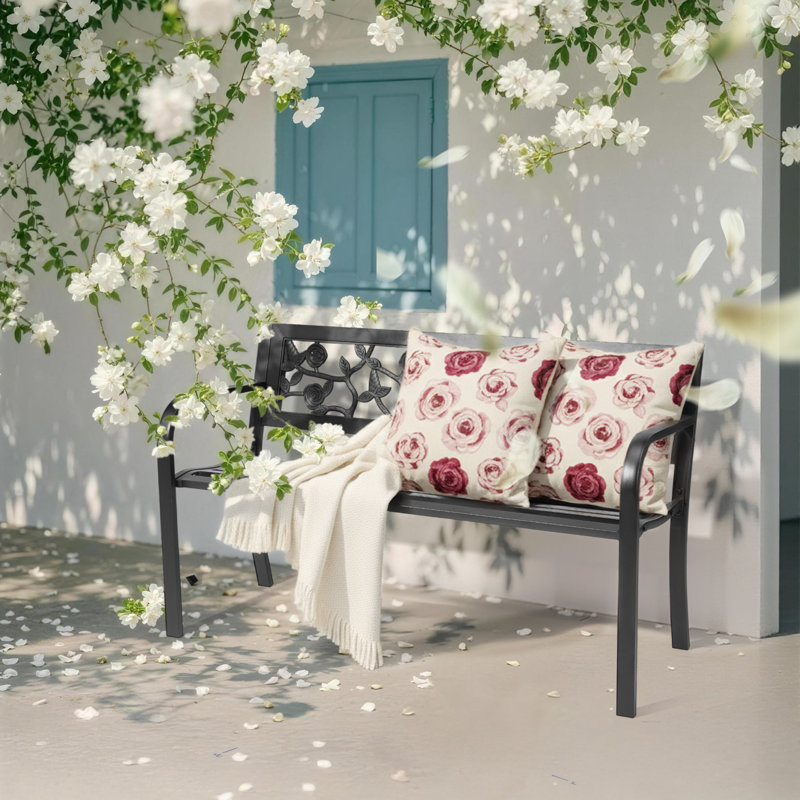 Banc en métal noir de 50 pouces avec dossier en PVC rose