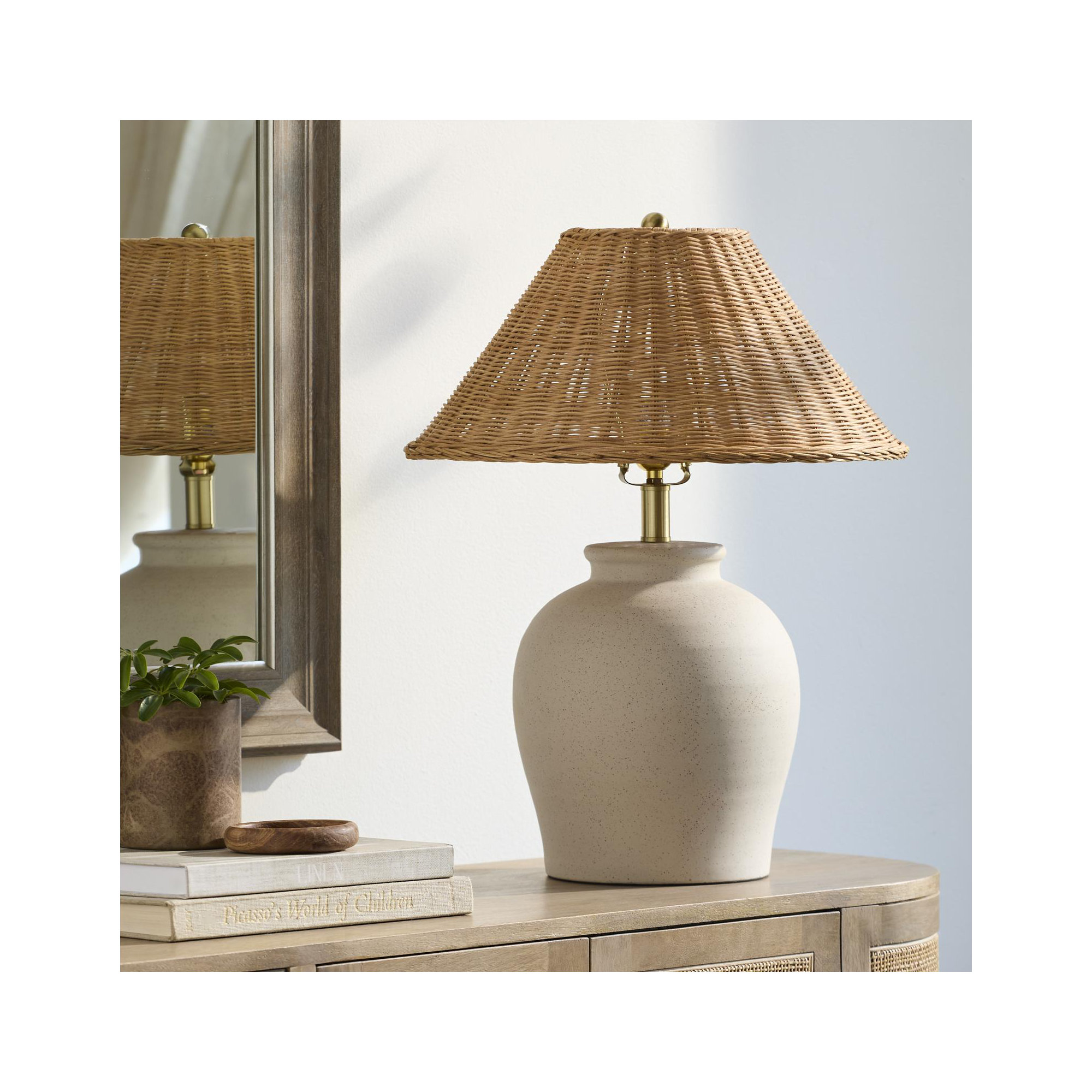 Chemise Ceramic Table Lamp, Rattan, Beige
