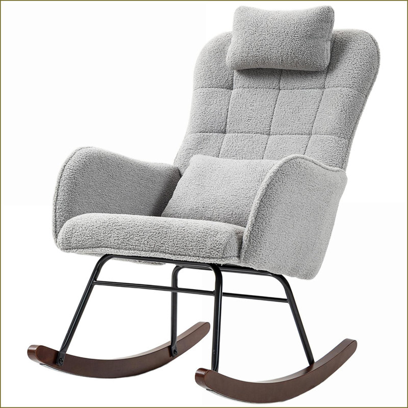 Chaise berçante moderne avec appui-tête HOMcom Coussin lombaire, base en bois de hêtre avec structure en acier | Gris clair | Polyester