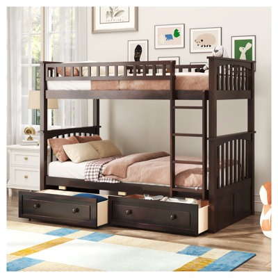 Solid Wood Twin over Twin Bunk Bed with Storage Drawers - Espresso Finish, Convertible Kids Bed Frame