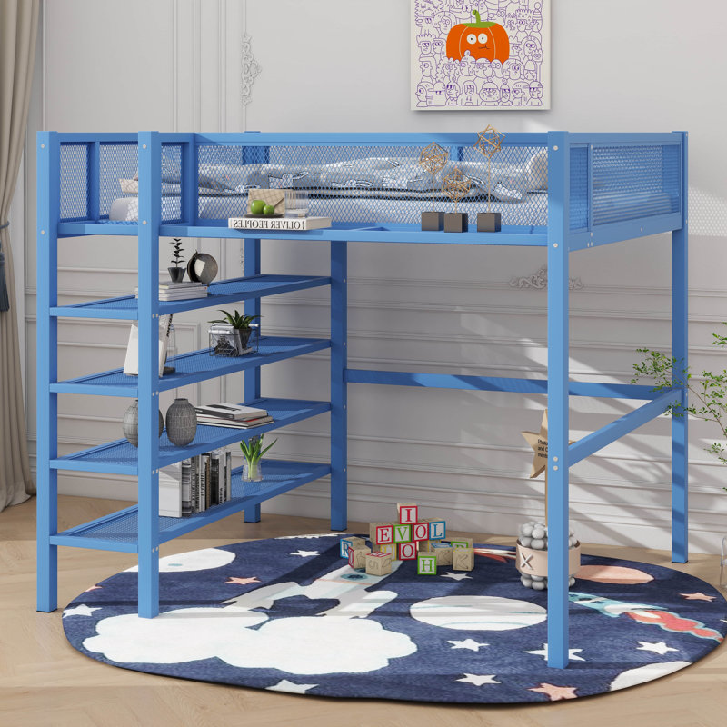 Lit mezzanine en métal avec tablettes à 4 niveaux et rangement Alexandreia, Double, Bleu