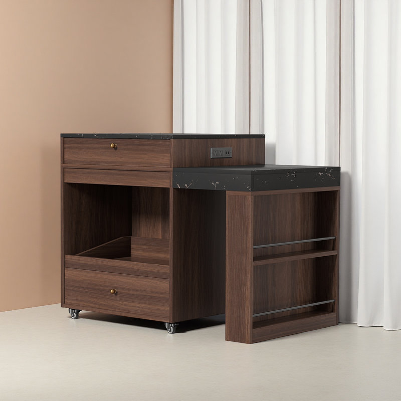 Îlot de cuisine roulant de 78,8 po avec table de salle à manger extensible à 3 niveaux (6 à 8 places), prise de courant intégrée, tiroirs et armoires de rangement spacieux, mobile sur roulettes - panneau de fibres à densité moyenne haute densité, assemblage facile