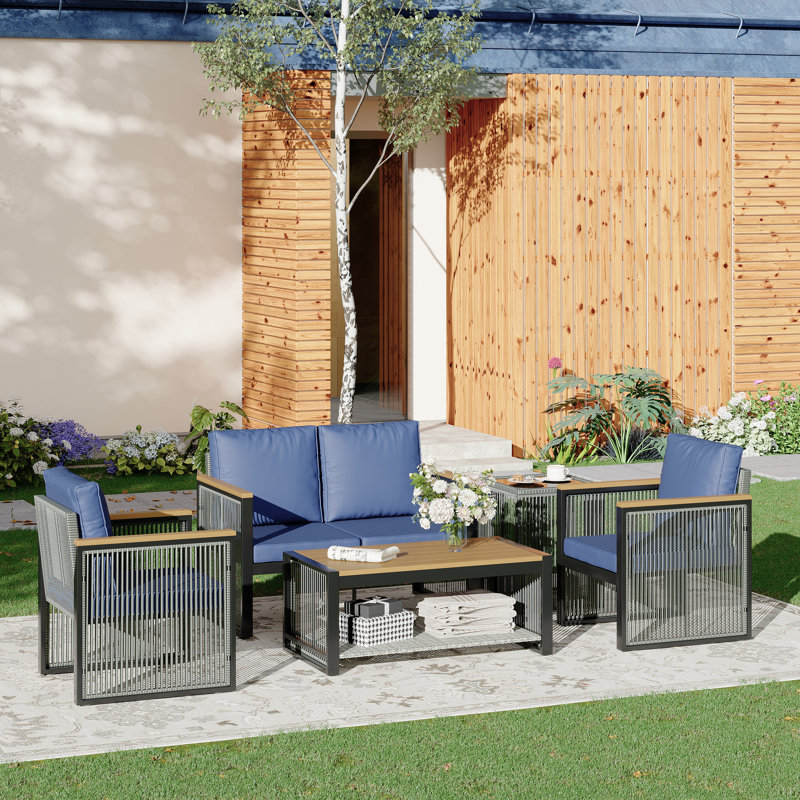 Ensemble de meubles d'extérieur 5 pièces pour ensemble de patio avec table basse et table basse, Bleu