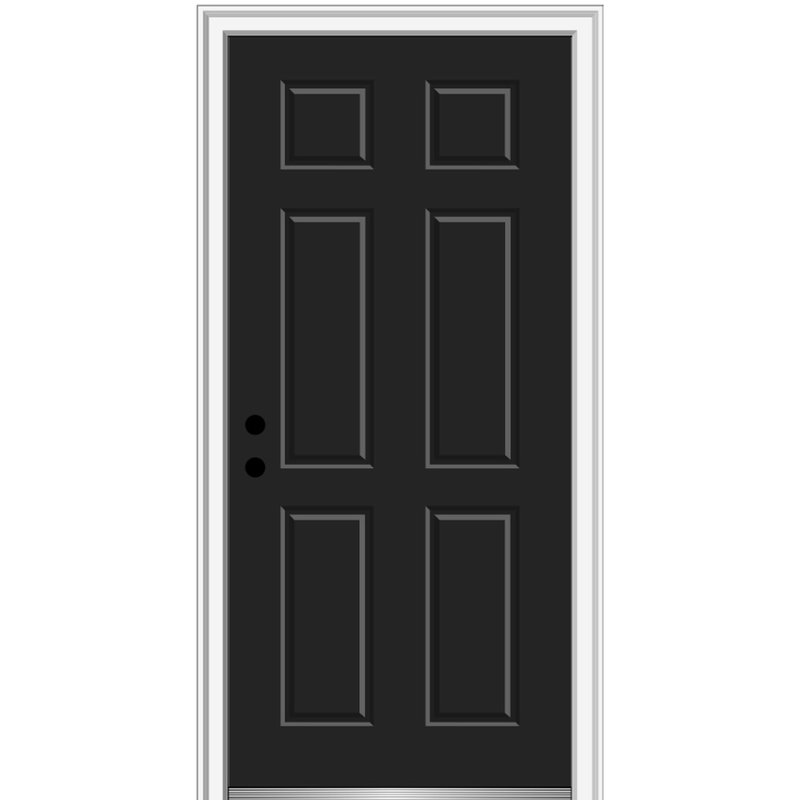 Porte extérieure simple en acier à 6 panneaux peints, H 81,75 po x l 30 po x P 2 po, S'ouvre à droite vers l'intérieur, Noir