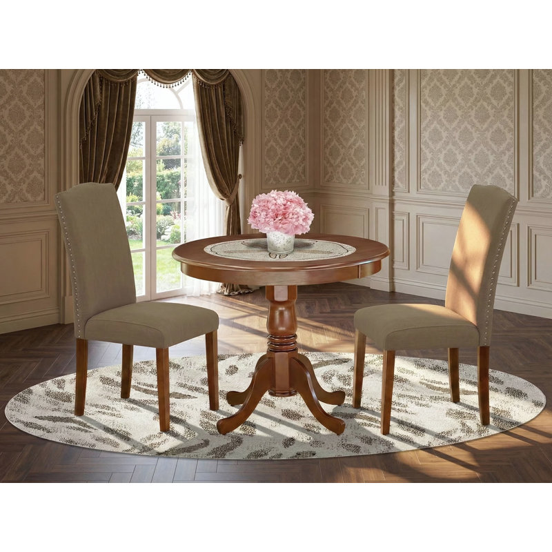 3 Piece Dining Room Furniture Set Contains a Round Kitchen Table with Pedestal and 2 Dark Coffee Linen Fabric Parson Dining Chairs, Mahogany