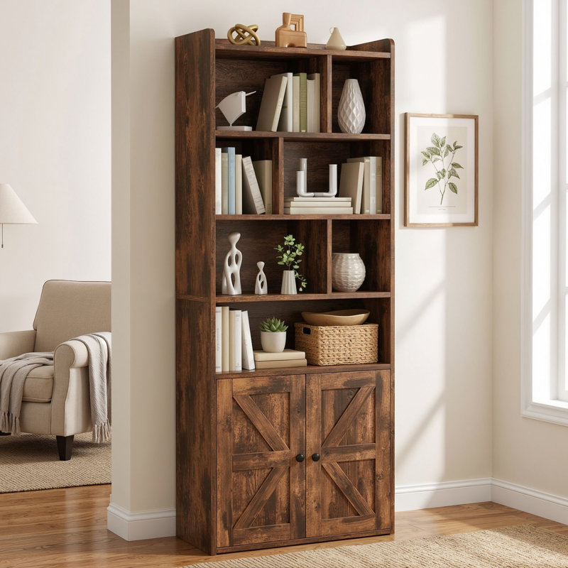 Bookcase With Open Cubbies & Cabinet, Brown, (6 Shelves) 158cm. H x 60cm. W x 30cm. D