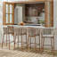 Tabouret de bar d'extérieur en corde de métal, structure au fini teck et coussin beige, ensemble de 4