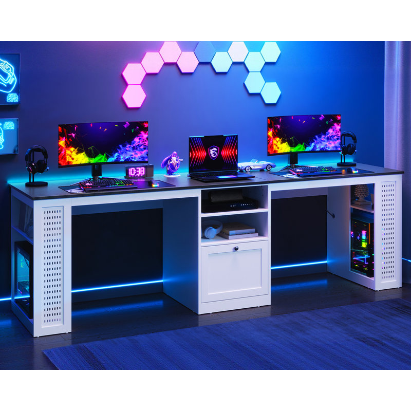 96.5" Double Computer Desk With Rising Table and Pegboard, Two Person Desk With Drawer & Shelves, Extra Long Writing Desk With File Drawer
