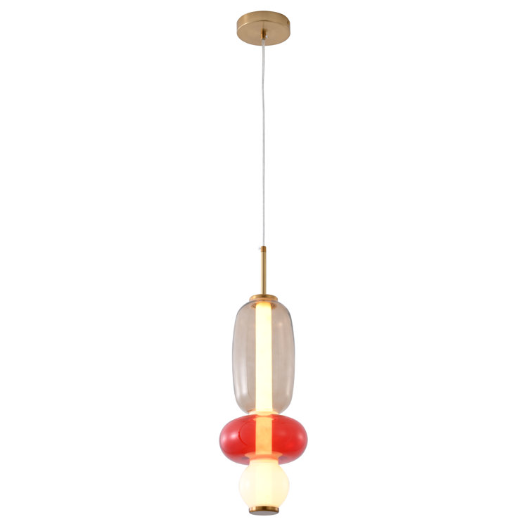This Exquisite LED Pendant Is In White, Grey, And Red Finish. The Frame Is Made Out Of Metal In Gold Color, And The LED Bulb Is Integrated Into The Frame. It Also Comes With A Multi-Color Glass Shade.