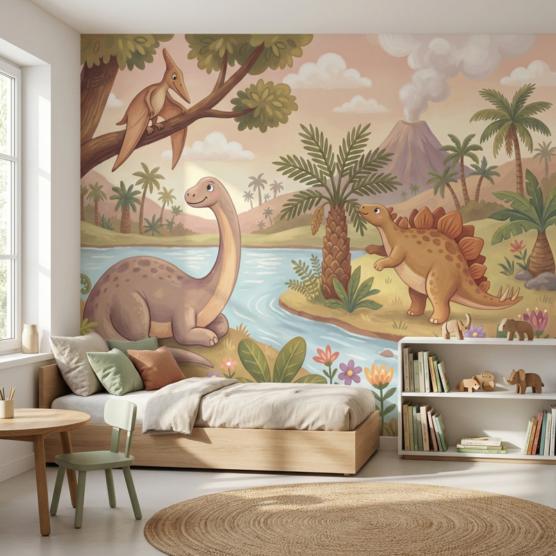 Papier peint dinosaure paysage volcanique, 100 po x 96 po, Peler et coller