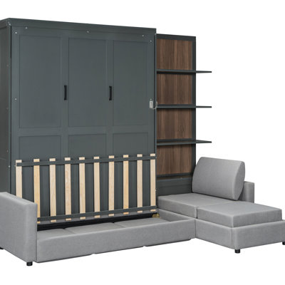 Gray Queen Size Bed Wall With And Shelves, Perfect For Small Apartments, Functional Comfortable Ideal Limited Space Living, Sleeping