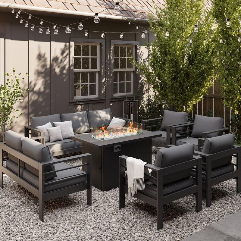 9-Person Sofa Seating Group With Fire Pit, Dark Gray Cushion/Gray Frame