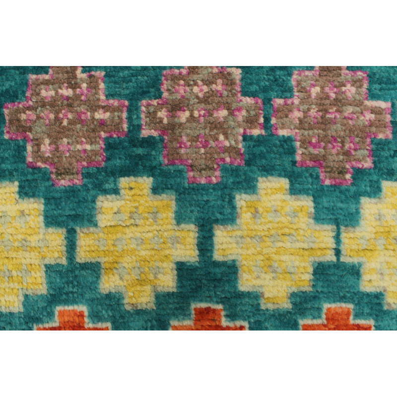 Tapis unique en laine noué à la main bleu / jaune / rouge de 4 pi 10 po x 6 pi 7 po Devona