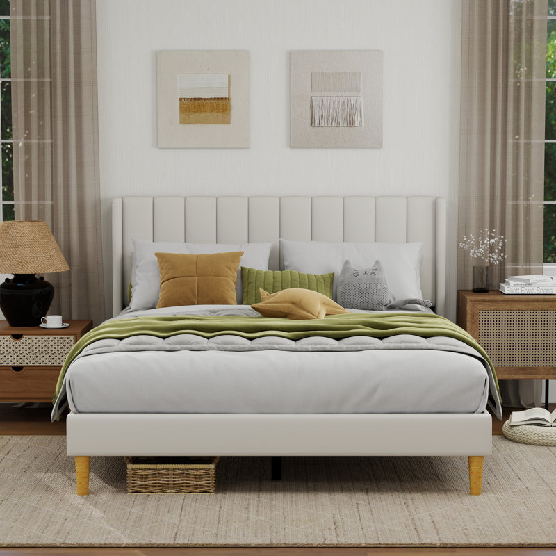 Sutter Upholstered Wingback Bed, Queen, Beige