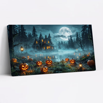 «Haunted House with Glowing Pumpkins in Misty», art mural sur toile