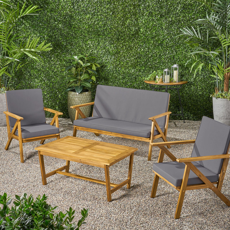 Ensemble de conversation d'extérieur 4 pièces avec bois et tissu imperméable - Comprend, 2 fauteuils club et table basse, tissu pour la météo pour la cour arrière, chaises, utilisation