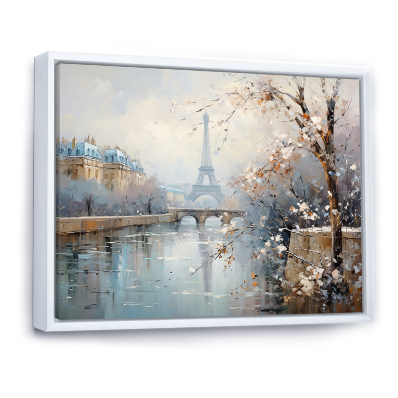 Hiver Paris, Tour Eiffel, charme de ville I - Paris, art mural, Cadre flottant blanc, H 30 po x l 40 po x P 1,5 po