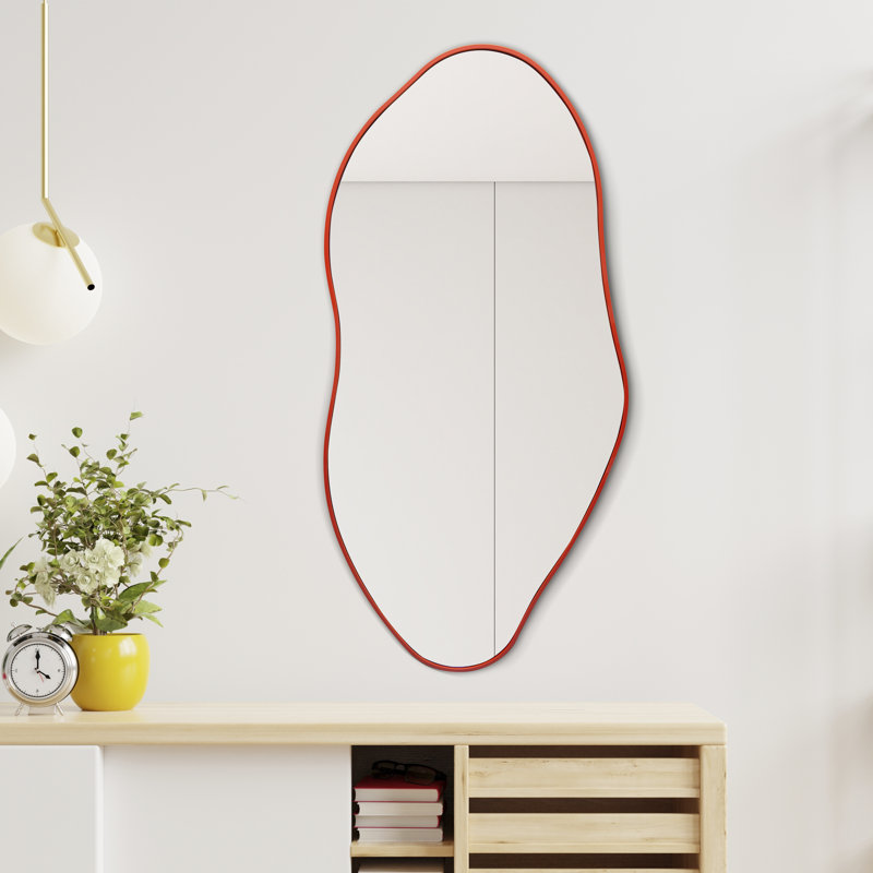 Everly 20 in. W x 42 in. H Large Irregular Framed Decorative Wall Mirror, Asymmetrical Wavy, Red, Red