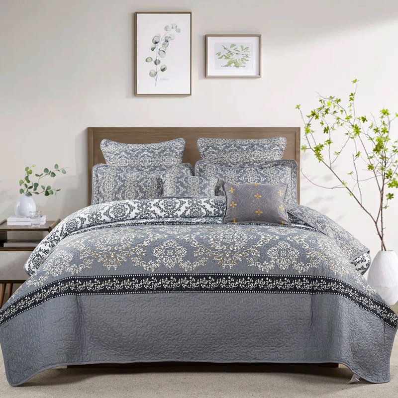 Ensemble de courtepointe en microfibre imprimée de 7 pièces Mystic, Couvre-lit très grand + 6 pièces supplémentaire, Gris