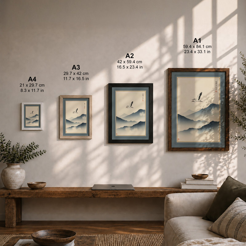 Bird Over Mountains Japandi - Framed Print, Black, A3 - 42.0 x 29.7 cm