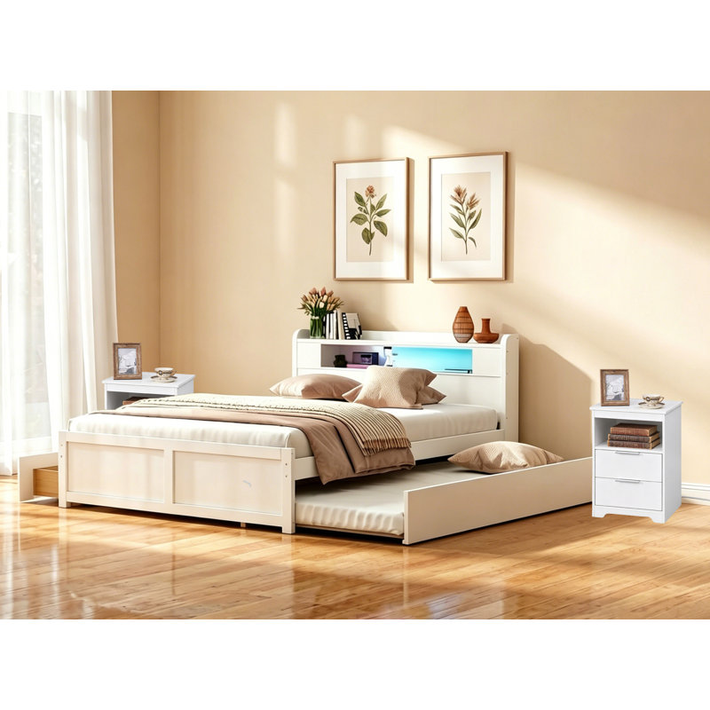Ensemble de chambre avec grand lit 3 pièces, 1 lit plateforme avec DEL, tiroirs et lit gigogne et 2 tables de chevet avec station de charge