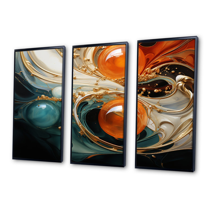 Planète vagues orange et or II - art mural abstrait, H 28 po x l 36 po x P 1 po, Cadre flottant noir