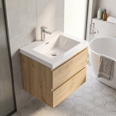 Meuble-lavabo mural en mélamine de 61 cm (24 po), aspect bois naturel, résistant à l'usure et aux égratignures, surface non poreuse et facile à nettoyer.