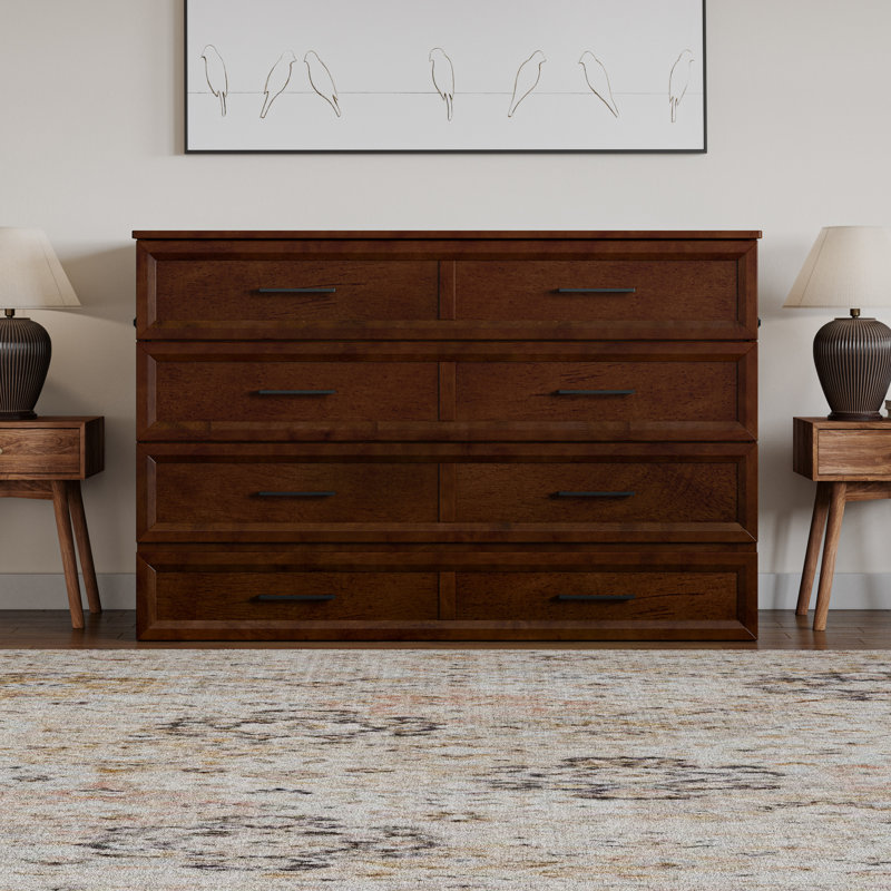 Commode lit escamotable en bois avec tiroir de rangement, station de charge intégrée et matelas Tucson, Grand, Noyer