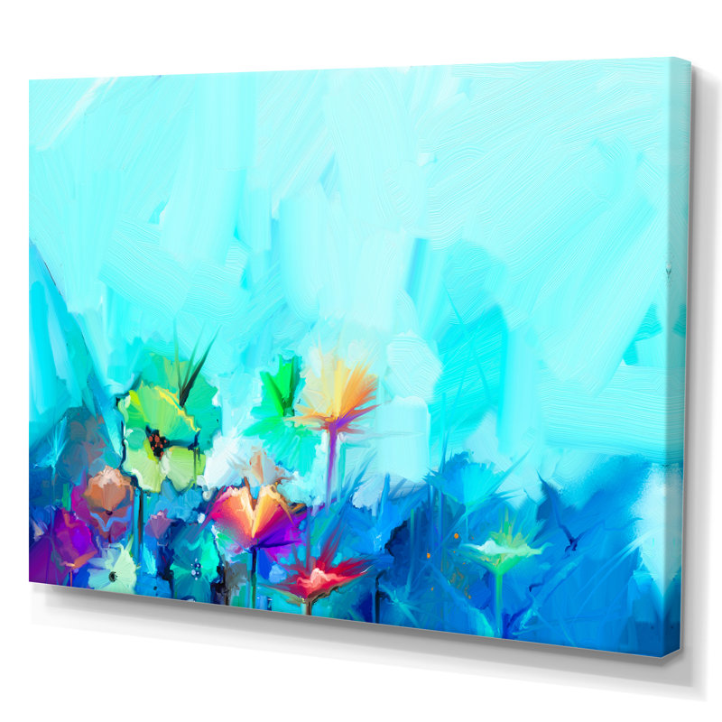 «Paintbrush Turquoise Floral Summer Impression», reproduction sur toile flottante, H 12 po x l 20 po x P 1 po, Toile tendue