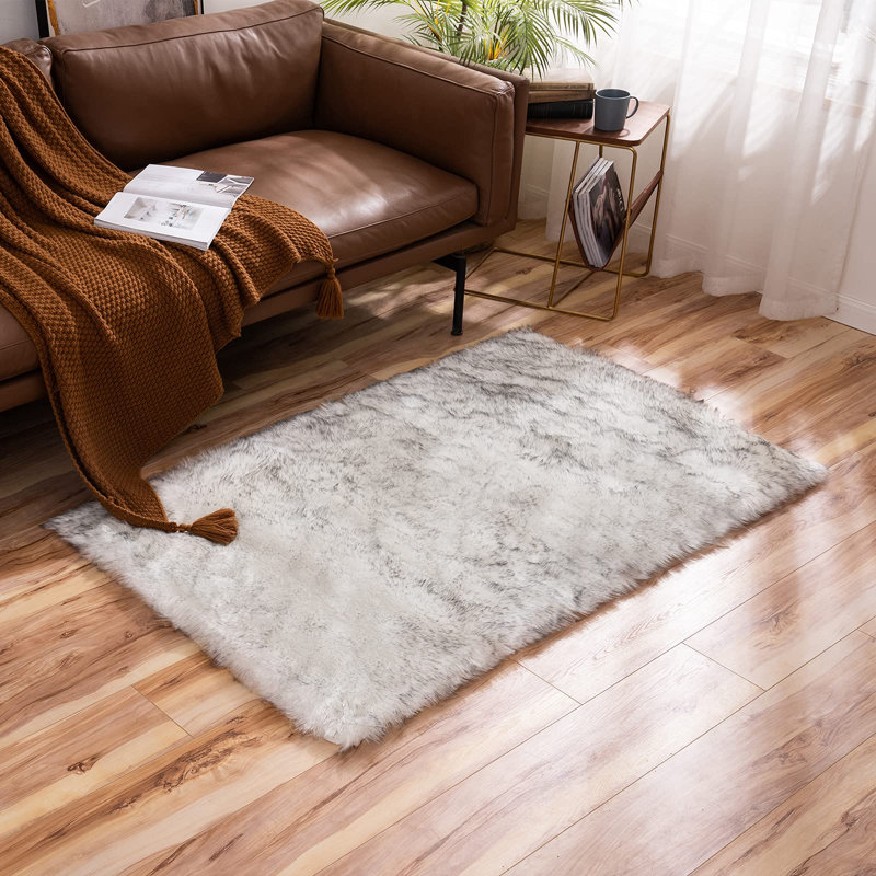 White Shag Faux Sheepskin Fluffy Fur Washable Area Rug with Gray Tip, Rectangle 3' x 4'